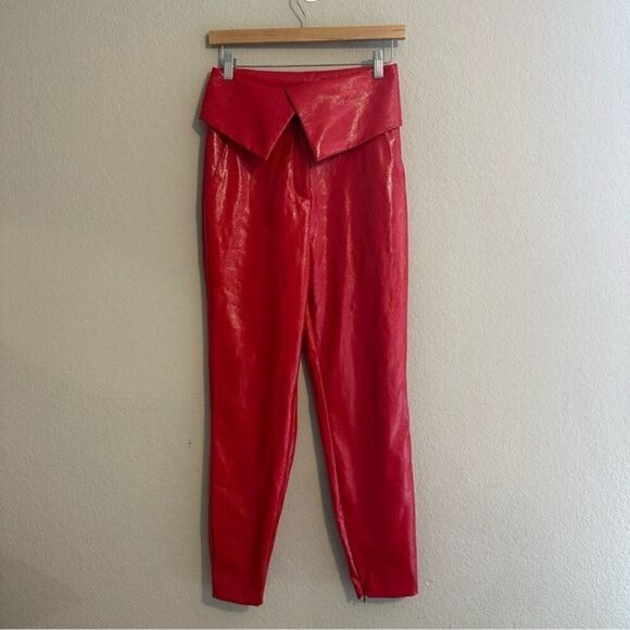 Bcbgmaxazria Size Xxs Red Faux Leather Fold Over Waist Peplum Pants - Picture 2 of 12